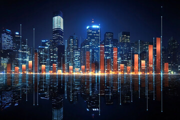 Stock market histogram against the background of the modern business center of the city