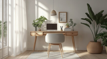 Bright Scandinavian Home Office with Wooden Furniture and Indoor Plants