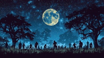 Mysterious figures wander through a dark forest under a glowing full moon at night