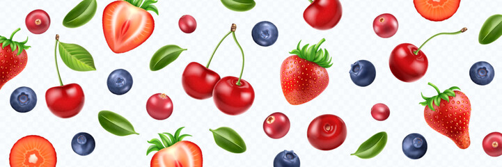 Realistic fresh berry background. Strawberry, cranberry, blueberry and cherry with green leaves flying on transparent background. © Cimeries