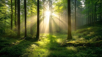 Obraz premium Sunbeams Illuminating a Misty Forest Path