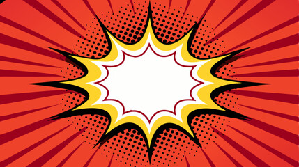 Pop art splash background, explosion in comics book style, blank layout template with halftone dots, clouds beams and isolated dots pattern on red backdrop.