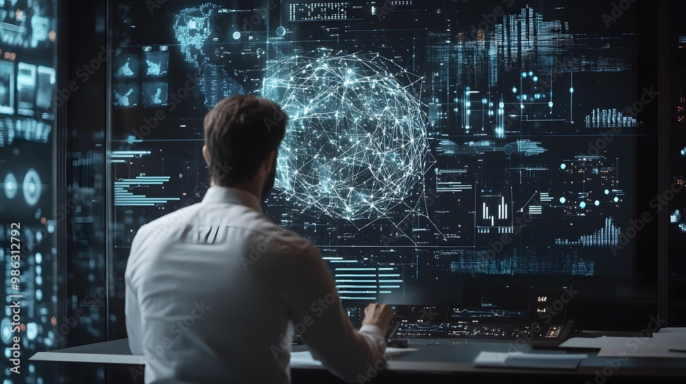 Poster man in a white shirt working on a computer with a network globe displayed on the screen