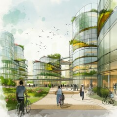 Sustainable urban design featuring eco-friendly elements. Generative AI
