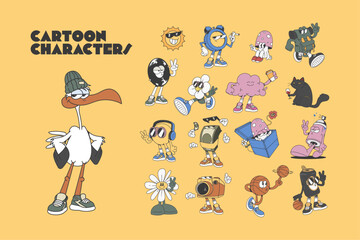 collection of retro cartoon character mascots, vector illustration