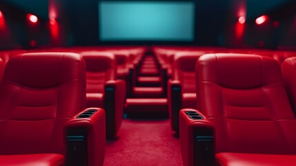 Obraz premium Red cinema or theater seats with armrests arranged in rows for watching movies. The movie screen is obscured from view, without people