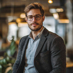 Fototapeta premium Millennial professional businessman, wearing eyeglasses and jacket standing confidently in co-working office. Financial consultant, startup entrepreneur, school teacher or department manager portrait