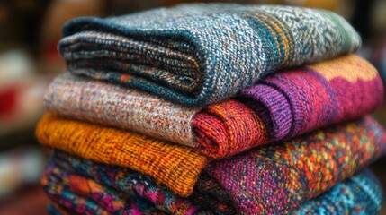 Cozy stack of colorful knitted blankets ready for a chilly evening by the fireplace