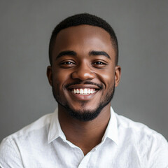 Obraz premium Cheerful handsome young African man head shot front portrait. Happy positive attractive male entrepreneur, startup leader, business professional in casual looking at camera with toothy smileCheerful h