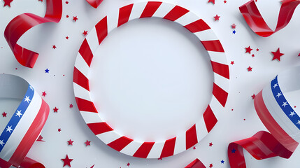 A circular frame with red and white stripes surrounded by ribbons and stars