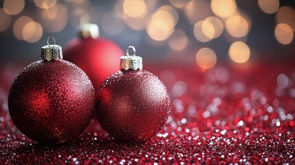 Fototapeta premium Sparkling red Christmas ornaments on glittering surface with bokeh lights in festive ambiance
