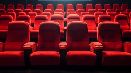 Obraz premium Red cinema or theater seats with armrests arranged in rows for watching movies. The movie screen is obscured from view, without people