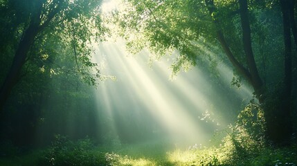 Obraz premium Sunlight Beams Through Lush Green Forest Canopy