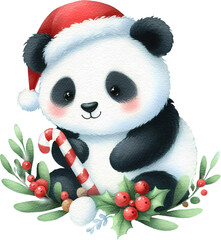 Christmas panda watercolor painting cutout png clip art transparent background