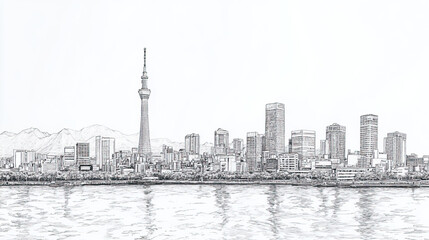 Obraz premium Kobe, Japan, black and white pen pencil hand-drawn effect drawing illustration for travel poster, card, wallpaper, backdrop or banner. Modern, clear, artistic and simple