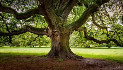 Ancient oak tree with sprawling branches and lush green leaves, rooted in the heart of a London park