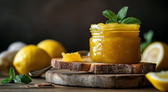 Delicious lemon marmalade in a jar on wooden toast with fresh lemons and mint in soft light
