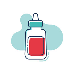 A bottle of medicine with a red label. The bottle is white and has a blue cap. The bottle is placed on a white background