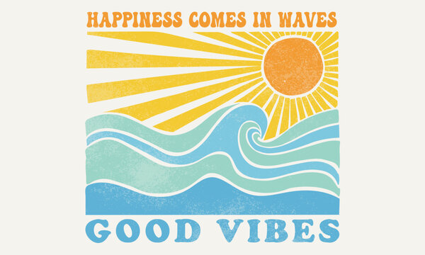 Sunshine paradise artwork. Abstract wave artwork. Happiness comes in wave. Summer good vibes vector graphic design for apparel, stickers, posters, background and others.