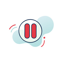 A blue and white stop sign with red letters. The sign is circular and has two red buttons