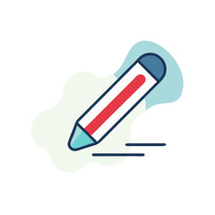 A pencil is drawn with a red tip and a blue eraser. The pencil is placed on a white background