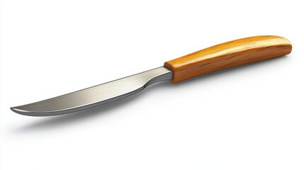 A close-up view of a stainless steel knife with a wooden handle, perfect for culinary use or kitchen design, white background