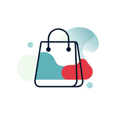 A bag with a red handle and blue and white stripes. The bag is being used as a symbol for shopping
