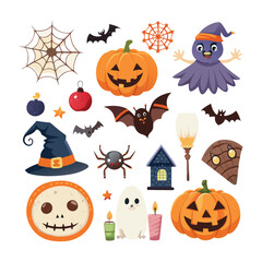 spooky halloween icons floating on white background, featuring pumpkins, bats, ghosts, skulls and spider