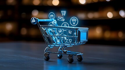 Futuristic digital shopping cart amidst advanced technology, vibrant colors, sleek design, showcasing modern consumerism and innovation.