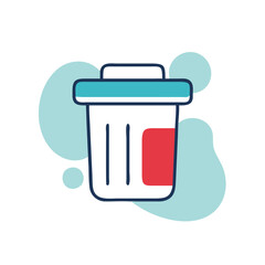 A trash can with a red lid. The trash can is blue and white