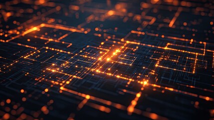 A futuristic grid design in dark tones, with softly glowing neon orange lines creating minimalist tech symbols and hub connections.