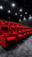 Red cinema or theater seats with armrests arranged in rows for watching movies. The movie screen is obscured from view, with no people visible.