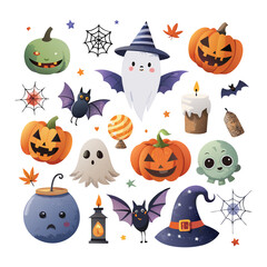 spooky halloween icons floating on white background, featuring pumpkins, bats, ghosts, skulls and spider