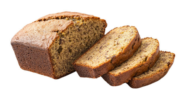 Sliced loaf of banana bread isolated on transparent background, PNG file, moist and delicious