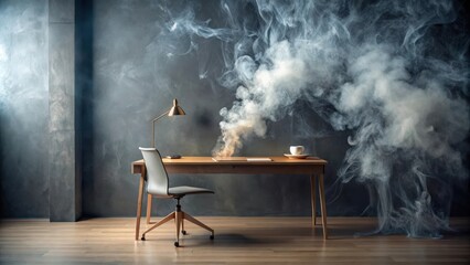 Minimalist desk with open space and swirling smoke, moody and serene atmosphere