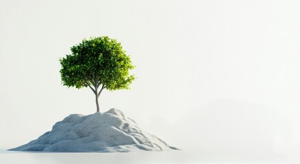 A solitary tree grows on a mound of stones against a minimalist background in soft lighting