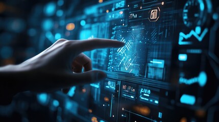 A futuristic scene of a hand hovering over a virtual banking interface, highlighting digital financial transactions in a glowing blue interface.