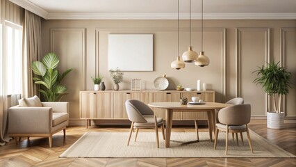 Fototapeta premium Beige living room interior with elegant sideboard and dining table mockup frame