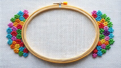 Colorful threads and embroidery hoop with fabric seen from top view, perfect for sewing and needlework projects