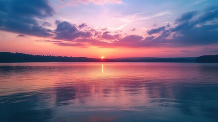 Obraz premium Beautiful sunset sky with pastel pink, orange, and purple tones above a calm lake