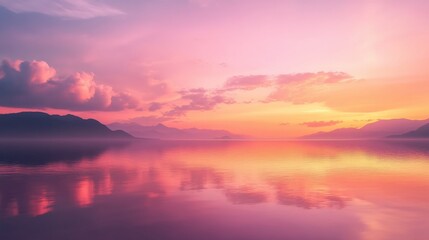 Fototapeta premium Beautiful sunset sky with pastel pink, orange, and purple tones above a calm lake