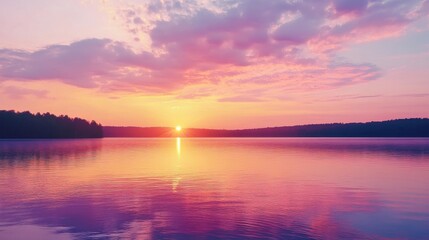 Obraz premium Beautiful sunset sky with pastel pink, orange, and purple tones above a calm lake