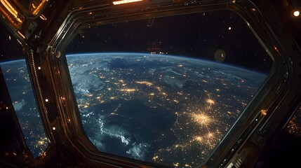 Space station window offering breathtaking Earth night view picture