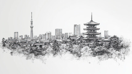 Fototapeta premium Kyoto, Japan, black and white pen pencil hand-drawn effect drawing illustration for travel poster, card, wallpaper, backdrop or banner. Modern, clear, artistic and simple