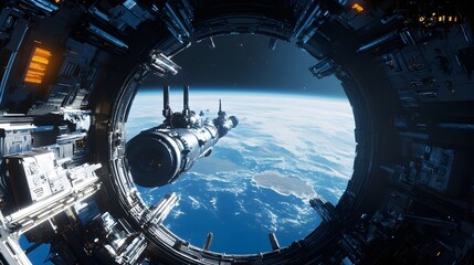 Spaceship station overlooking cosmic horizon in space picture