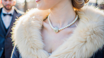 Bride wearing luxurious necklace and fur shawl at a winter outdoor wedding ceremony