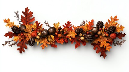 Autumn-themed foliage and pine cone arrangement, white isolate background.
