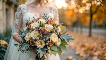 Bride holding elegant autumn wedding bouquet with orange and yellow flowers in park