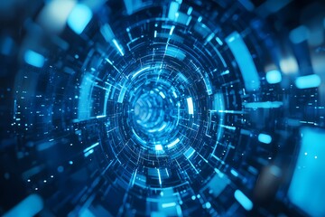 Futuristic blue digital tunnel with glowing particles and abstract patterns.