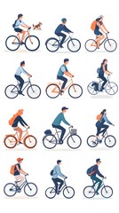 Obraz premium Vector illustration of people in different poses, riding bicycles and walking dogs on a white background, with a flat design, minimalist style, simple shapes, and a vector art style.